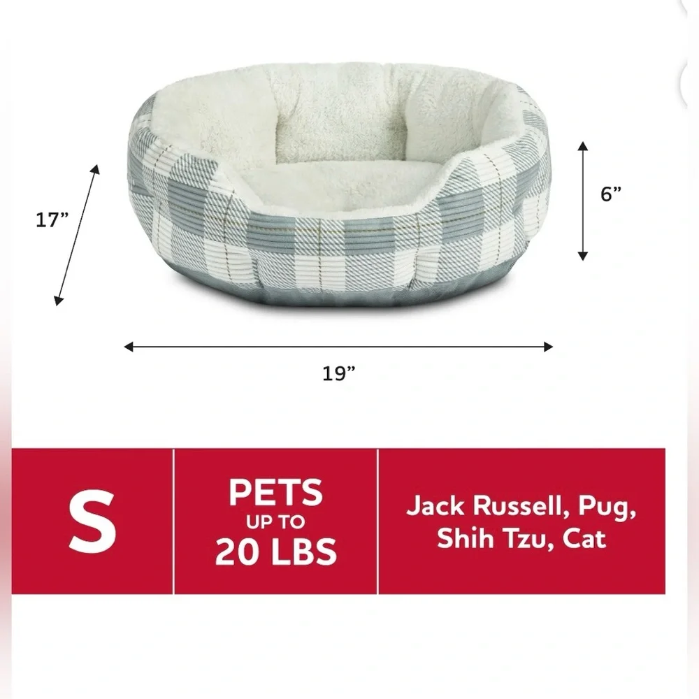 Vibrant Life Small Cat Or Dog Cuddler Bed- Gray & White Plaid 17x19x6.25 Inches